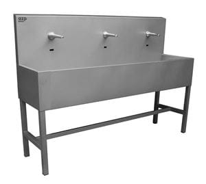 AZP BRNO mycí žlab 190 cm, na podlahu, 3 termostatické senzorové baterie, napájení ze sítě, nerez