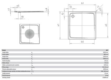 KALDEWEI SUPERPLAN 407-2 sprchová vanička 100x120 cm, smaltovaná ocel, s nosičem, Perl Effekt, Antislip 430735003001 Technický nákres