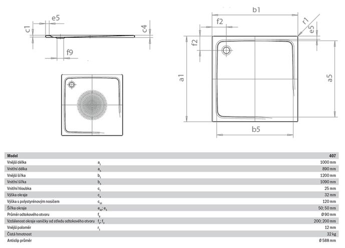 KALDEWEI SUPERPLAN 407-2 sprchová vanička 100x120 cm, smaltovaná ocel, s nosičem, Perl Effekt, Antislip 430735003001 Technický nákres