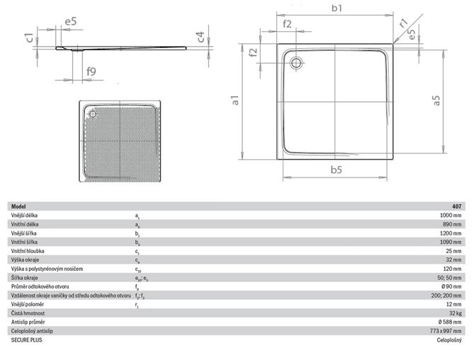 KALDEWEI SUPERPLAN 407-2 sprchová vanička 100x120 cm, smaltovaná ocel, s nosičem, celoplošný Antislip 430735040001 Technický nákres