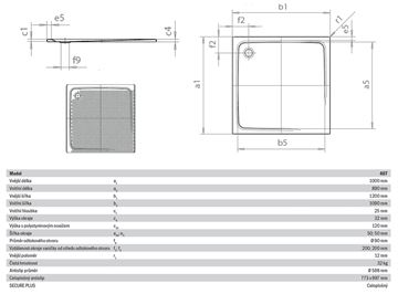 KALDEWEI SUPERPLAN 407-2 sprchová vanička 100x120 cm, smaltovaná ocel, s nosičem, celoplošný Antislip 430735040001 Technický nákres
