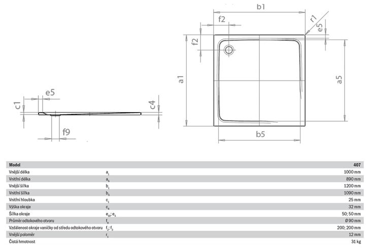 KALDEWEI SUPERPLAN 407-1 sprchová vanička 100x120 cm, smaltovaná ocel, bez nosiče, Perl Effekt 430700013001 Technický nákres