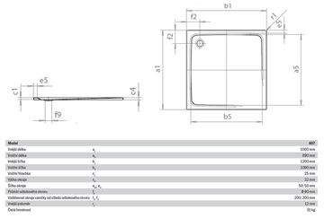 KALDEWEI SUPERPLAN 407-1 sprchová vanička 100x120 cm, smaltovaná ocel, bez nosiče, Perl Effekt 430700013001 Technický nákres