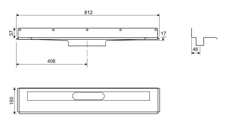 UNIDRAIN 1004 sprchový žlab 700 mm, ke stěně, bez odtoku, bez roštu, nerez ocel 1004.0700 Technický nákres