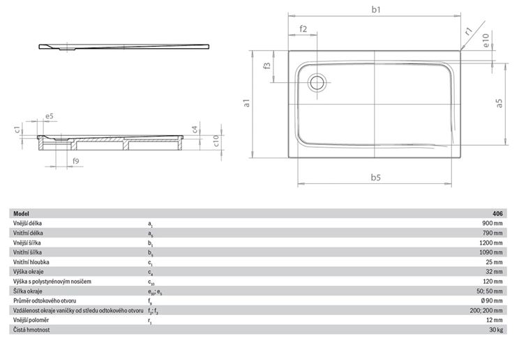 KALDEWEI SUPERPLAN 406-2 sprchová vanička 90x120 cm, smaltovaná ocel, s nosičem, Perl Effekt 430648043001 Technický nákres