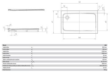 KALDEWEI SUPERPLAN 406-2 sprchová vanička 90x120 cm, smaltovaná ocel, s nosičem, Perl Effekt 430648043001 Technický nákres