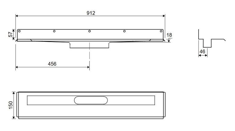 UNIDRAIN 1004 sprchový žlab 800 mm, ke stěně, bez odtoku, bez roštu, nerez ocel 1004.0800 Technický nákres