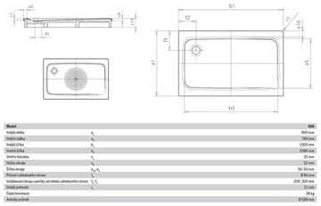 KALDEWEI SUPERPLAN 406-1 sprchová vanička 90x120 cm, smaltovaná ocel, bez nosiče, Perl Effekt, Antislip 430630003001 Technický nákres