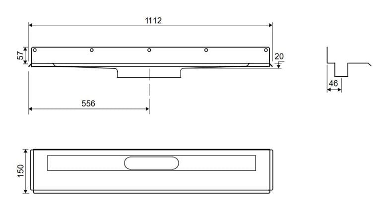 UNIDRAIN 1004 sprchový žlab 1000 mm, ke stěně, bez odtoku, bez roštu, nerez ocel 1004.1000 Technický nákres