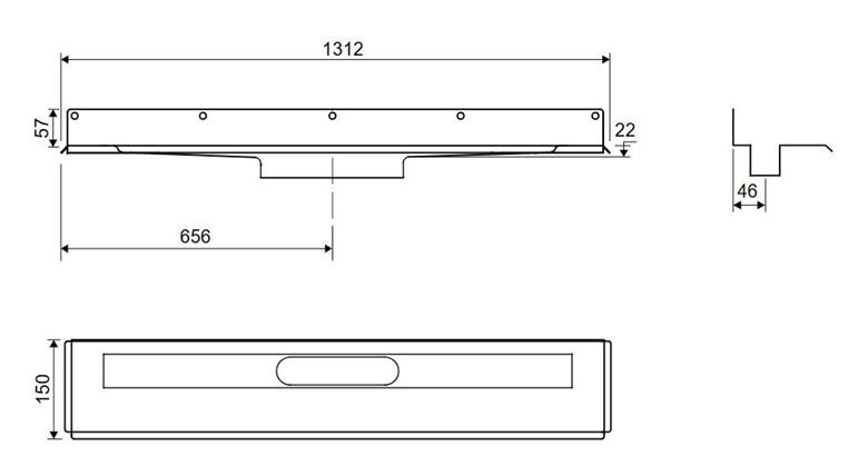 UNIDRAIN 1004 sprchový žlab 1200 mm, ke stěně, bez odtoku, bez roštu, nerez ocel 1004.1200 Technický nákres