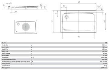 KALDEWEI SUPERPLAN 406-1 sprchová vanička 90x120 cm, smaltovaná ocel, bez nosiče, Antislip 430630000001 Technický nákres