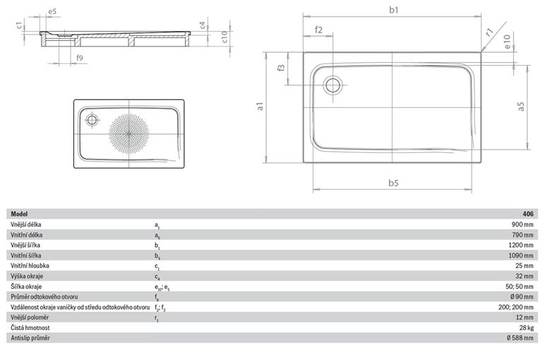 KALDEWEI SUPERPLAN 406-1 sprchová vanička 90x120 cm, smaltovaná ocel, bez nosiče, Antislip 430630000001 Technický nákres