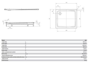 KALDEWEI SUPERPLAN 404-1 sprchová vanička 90x100 cm, smaltovaná ocel, bez nosiče, Perl Effekt 430400013001 Technický nákres