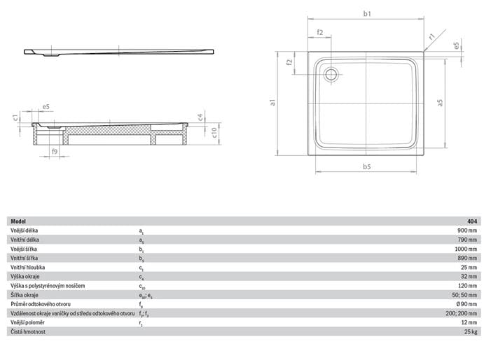 KALDEWEI SUPERPLAN 404-1 sprchová vanička 90x100 cm, smaltovaná ocel, bez nosiče, Perl Effekt 430400013001 Technický nákres