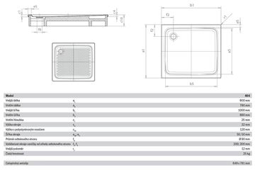KALDEWEI SUPERPLAN 404-2 sprchová vanička 90x100 cm, smaltovaná ocel, s nosičem, celoplošný Antislip 430435040001 Technický nákres