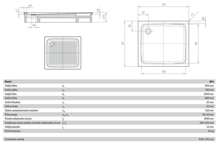 KALDEWEI SUPERPLAN 404-2 sprchová vanička 90x100 cm, smaltovaná ocel, s nosičem, celoplošný Antislip 430435040001 Technický nákres
