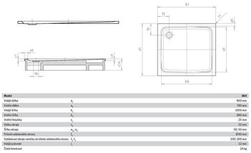 KALDEWEI SUPERPLAN 404-1 sprchová vanička 90x100 cm, smaltovaná ocel, bez nosiče 430400010001 Technický nákres