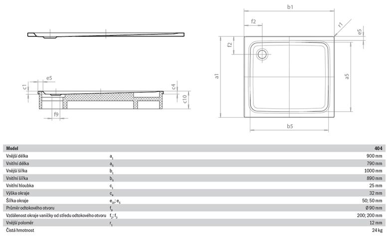 KALDEWEI SUPERPLAN 404-1 sprchová vanička 90x100 cm, smaltovaná ocel, bez nosiče 430400010001 Technický nákres