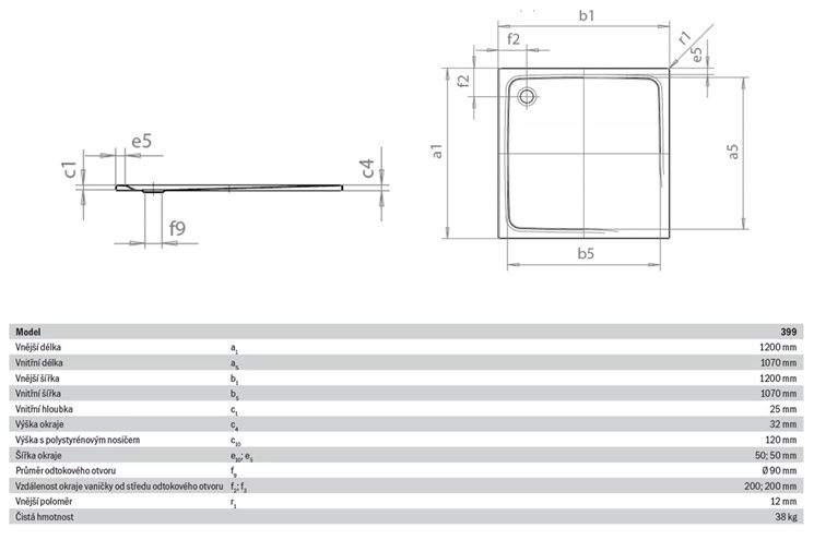 KALDEWEI SUPERPLAN 399-2 sprchová vanička 120x120 cm, smaltovaná ocel, s nosičem 447148040001 Technický nákres