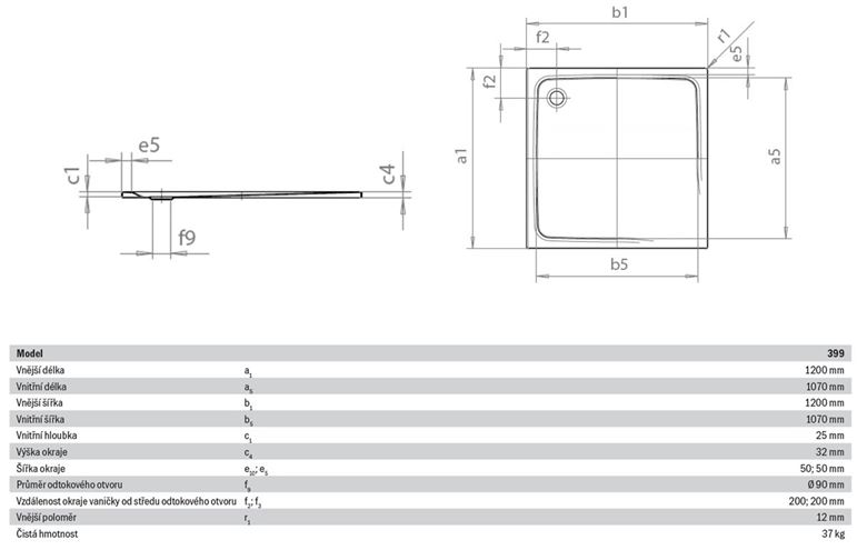 KALDEWEI SUPERPLAN 399-1 sprchová vanička 120x120 cm, smaltovaná ocel, bez nosiče 447100010001 Technický nákres