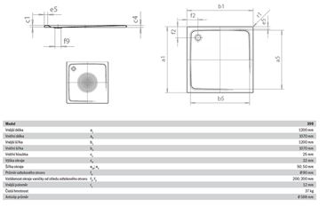 KALDEWEI SUPERPLAN 399-1 sprchová vanička 120x120 cm, smaltovaná ocel, bez nosiče, Perl Effekt, Antislip 447130003001 Technický nákres