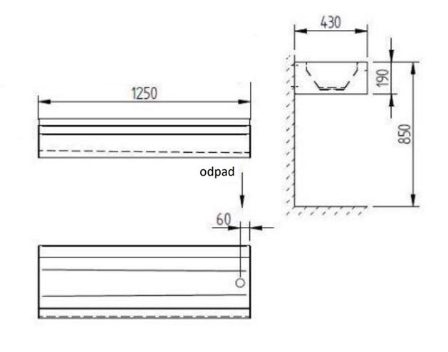 AZP BRNO mycí žlab 125 cm, nerez AUL 06.1.P Technický nákres