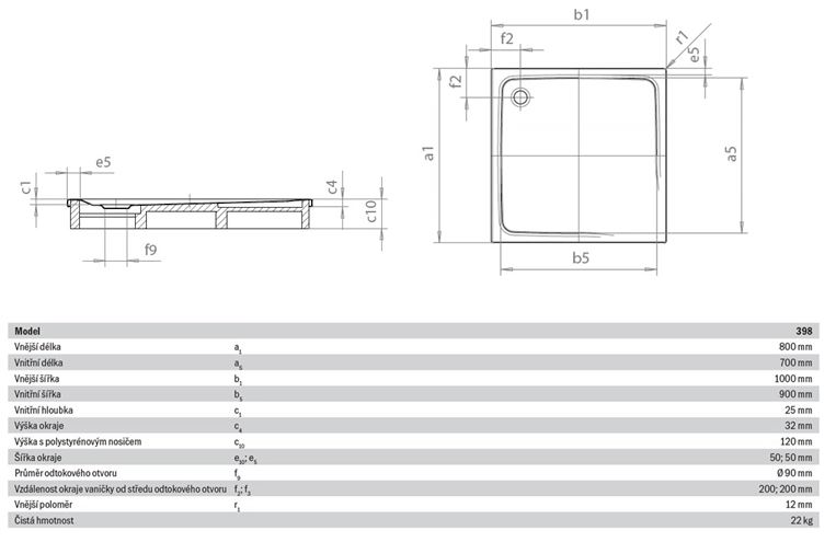 KALDEWEI SUPERPLAN 398-2 sprchová vanička 80x100 cm, smaltovaná ocel, s nosičem 447248040001 Technický nákres