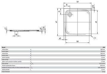 KALDEWEI SUPERPLAN 390-5 sprchová vanička 90x90 cm, smaltovaná ocel, s nosičem 446947980001 Technický nákres