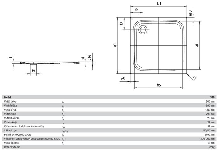 KALDEWEI SUPERPLAN 390-2 sprchová vanička 90x90 cm, smaltovaná ocel, s nosičem, Perl Effekt 446948043001 Technický nákres