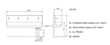 AZP BRNO mycí žlab 250 cm, 4 termostatické senzorové baterie, napájení ze sítě, nerez AUL 03Z.3.P Technický nákres