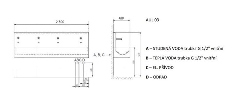 AZP BRNO mycí žlab 250 cm, 4 termostatické senzorové baterie, napájení ze sítě, nerez AUL 03Z.3.P Technický nákres