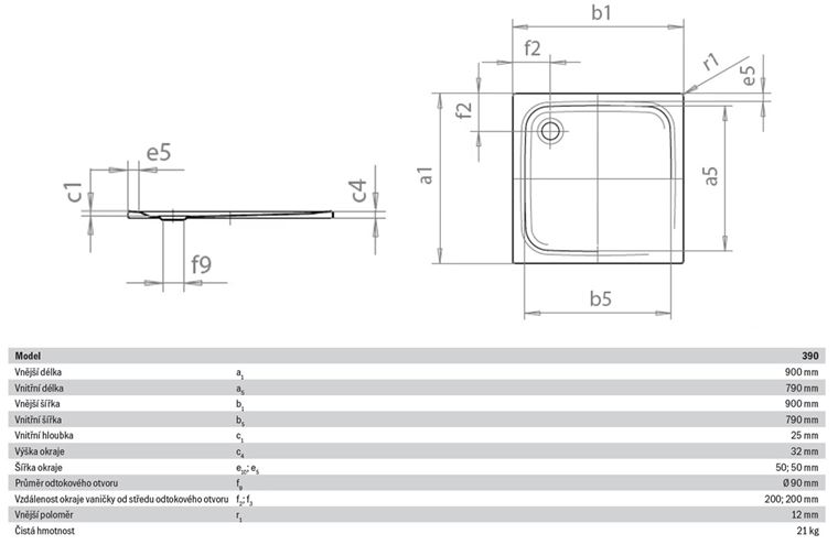 KALDEWEI SUPERPLAN 390-1 sprchová vanička 90x90 cm, smaltovaná ocel, bez nosiče 446900010001 Technický nákres