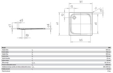 KALDEWEI SUPERPLAN 390-1 sprchová vanička 90x90 cm, smaltovaná ocel, bez nosiče, Perl Effekt 446900013001 Technický nákres