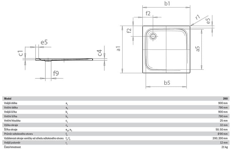 KALDEWEI SUPERPLAN 390-1 sprchová vanička 90x90 cm, smaltovaná ocel, bez nosiče, Perl Effekt 446900013001 Technický nákres