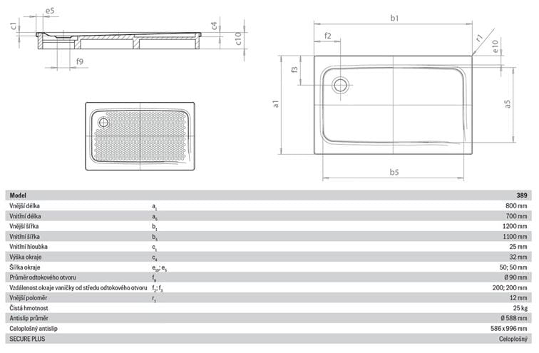 KALDEWEI SUPERPLAN 389-1 sprchová vanička 80x120 cm, smaltovaná ocel, bez nosiče, Perl Effekt, celoplošný Antislip 447330023001 Technický nákres