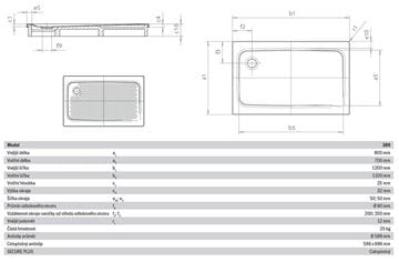 KALDEWEI SUPERPLAN 389-1 sprchová vanička 80x120 cm, smaltovaná ocel, bez nosiče, Perl Effekt, celoplošný Antislip 447330023001 Technický nákres