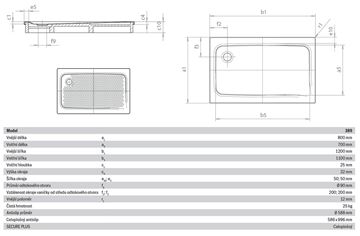 KALDEWEI SUPERPLAN 389-1 sprchová vanička 80x120 cm, smaltovaná ocel, bez nosiče, celoplošný Antislip 447330020001 Technický nákres