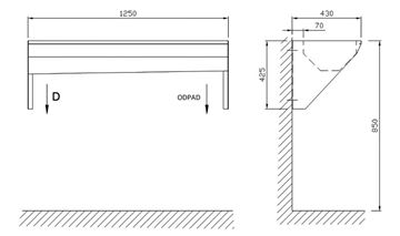 AZP BRNO mycí žlab 125 cm, nerez AUL 04.1.P Technický nákres