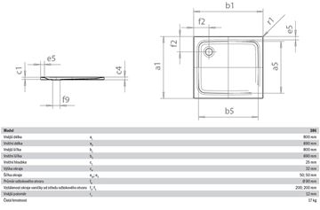 KALDEWEI SUPERPLAN 386-1 sprchová vanička 80x80 cm, smaltovaná ocel, bez nosiče 447500010001 Technický nákres