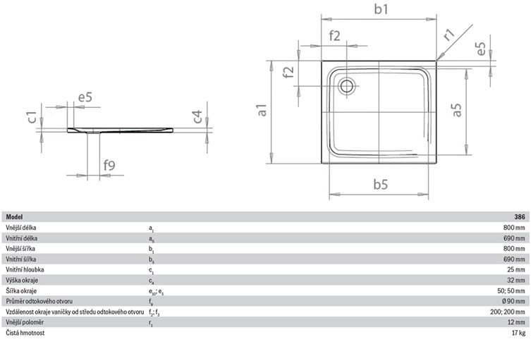KALDEWEI SUPERPLAN 386-1 sprchová vanička 80x80 cm, smaltovaná ocel, bez nosiče 447500010001 Technický nákres