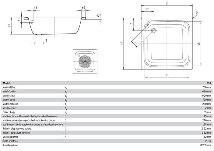 KALDEWEI SANIDUSCH 559 sprchová vanička 75x90 cm, smaltovaná ocel, bez nožiček, Antislip 332630000001 Technický nákres
