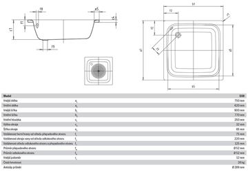 KALDEWEI SANIDUSCH 559 sprchová vanička 75x90 cm, smaltovaná ocel, bez nožiček, Antislip 332630000001 Technický nákres