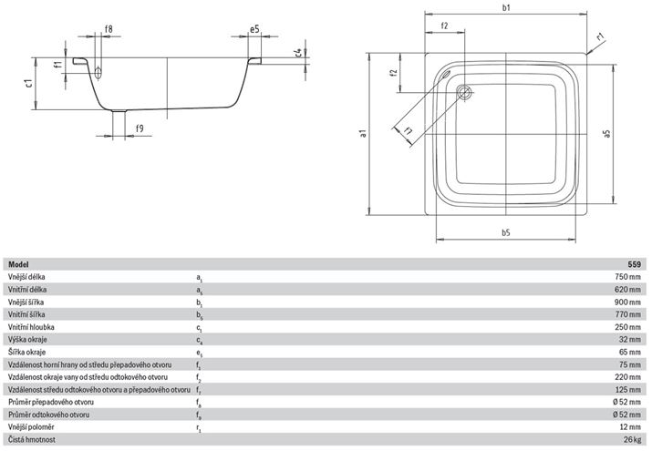 KALDEWEI SANIDUSCH 559 sprchová vanička 75x90 cm, smaltovaná ocel, bez nožiček 332600010001 Technický nákres