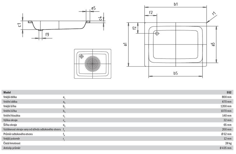 KALDEWEI SANIDUSCH 552 sprchová vanička 80x120 cm, smaltovaná ocel, bez nožiček, Antislip 448330000001 Technický nákres