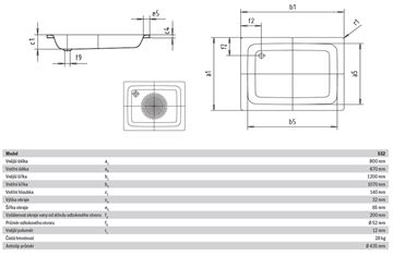 KALDEWEI SANIDUSCH 552 sprchová vanička 80x120 cm, smaltovaná ocel, bez nožiček, Antislip 448330000001 Technický nákres