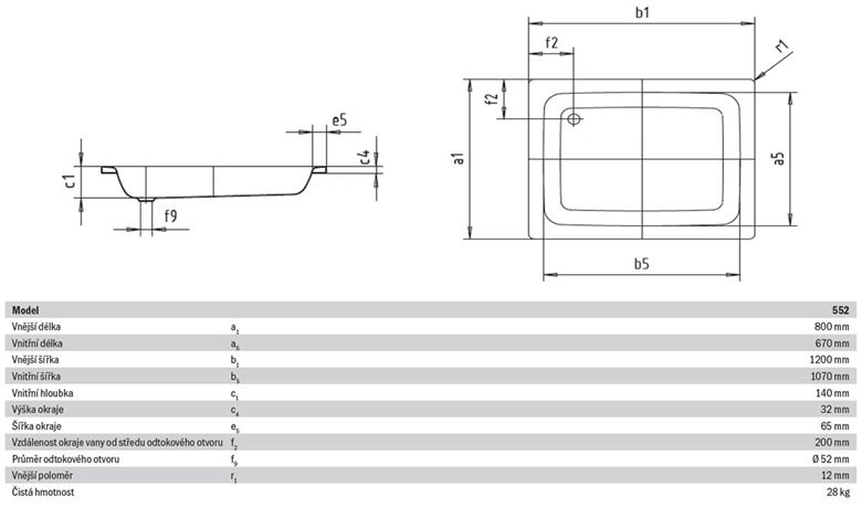 KALDEWEI SANIDUSCH 552 sprchová vanička 80x120 cm, smaltovaná ocel, bez nožiček 448300010001 Technický nákres