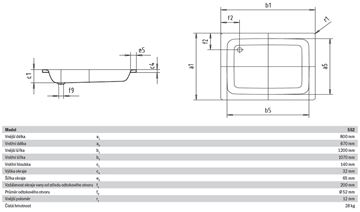KALDEWEI SANIDUSCH 552 sprchová vanička 80x120 cm, smaltovaná ocel, bez nožiček 448300010001 Technický nákres