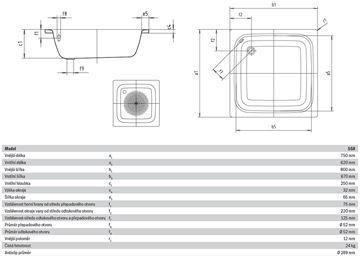KALDEWEI SANIDUSCH 558 sprchová vanička 75x80 cm, smaltovaná ocel, bez nožiček, Antislip 332530000001 Technický nákres