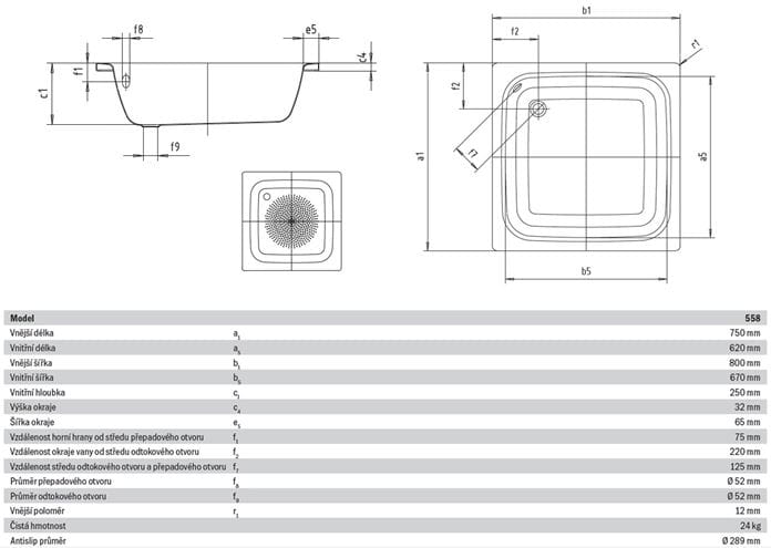 KALDEWEI SANIDUSCH 558 sprchová vanička 75x80 cm, smaltovaná ocel, bez nožiček, Antislip 332530000001 Technický nákres
