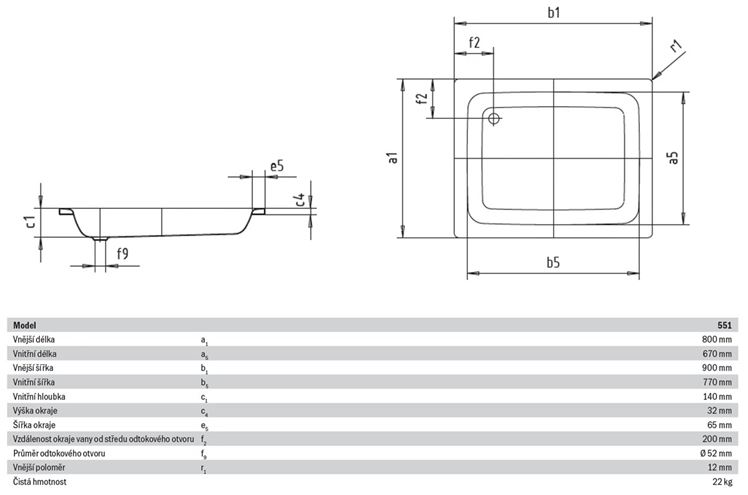KALDEWEI SANIDUSCH 551 sprchová vanička 80x90 cm, smaltovaná ocel, bez nožiček 440800010001 Technický nákres